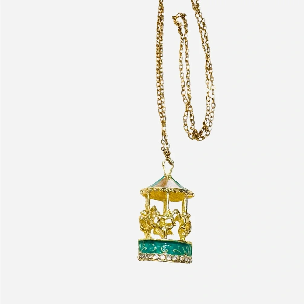 Gold and Teal Carousel Pendant‎ Necklace